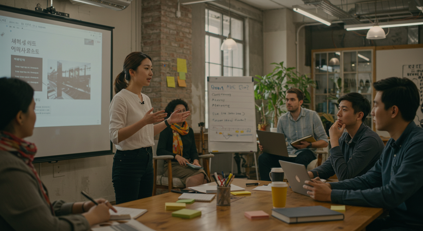 공동 사무공간에서 자신감 있게 발표하는 한국의 Z세대 직장인. 다양한 동료들이 경청하고 있으며, 협업과 창의성이 강조되는 직장 분위기