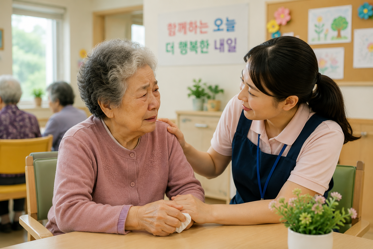 주야간보호센터에 가기 싫어 불안해하는 어르신을 다독이는 요양보호사