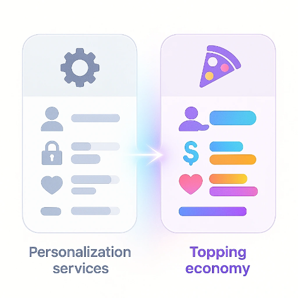 기존 개인화 서비스와 토핑경제를 비교하는 두 개의 정보 카드 인포그래픽으로, 설정 아이콘과 피자 아이콘을 중심으로 접근성, 참여도, 가격, 만족도 항목이 그래픽 바 형태로 대비된 디지털 일러스트
