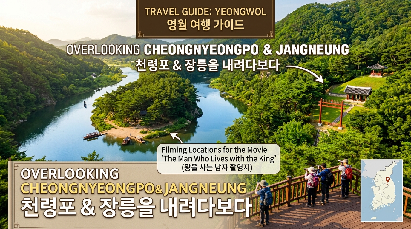 영화 왕과 사는 남자의 주요 촬영지인 영월 청령포와 장릉을 조망하는 여행 가이드 이미지