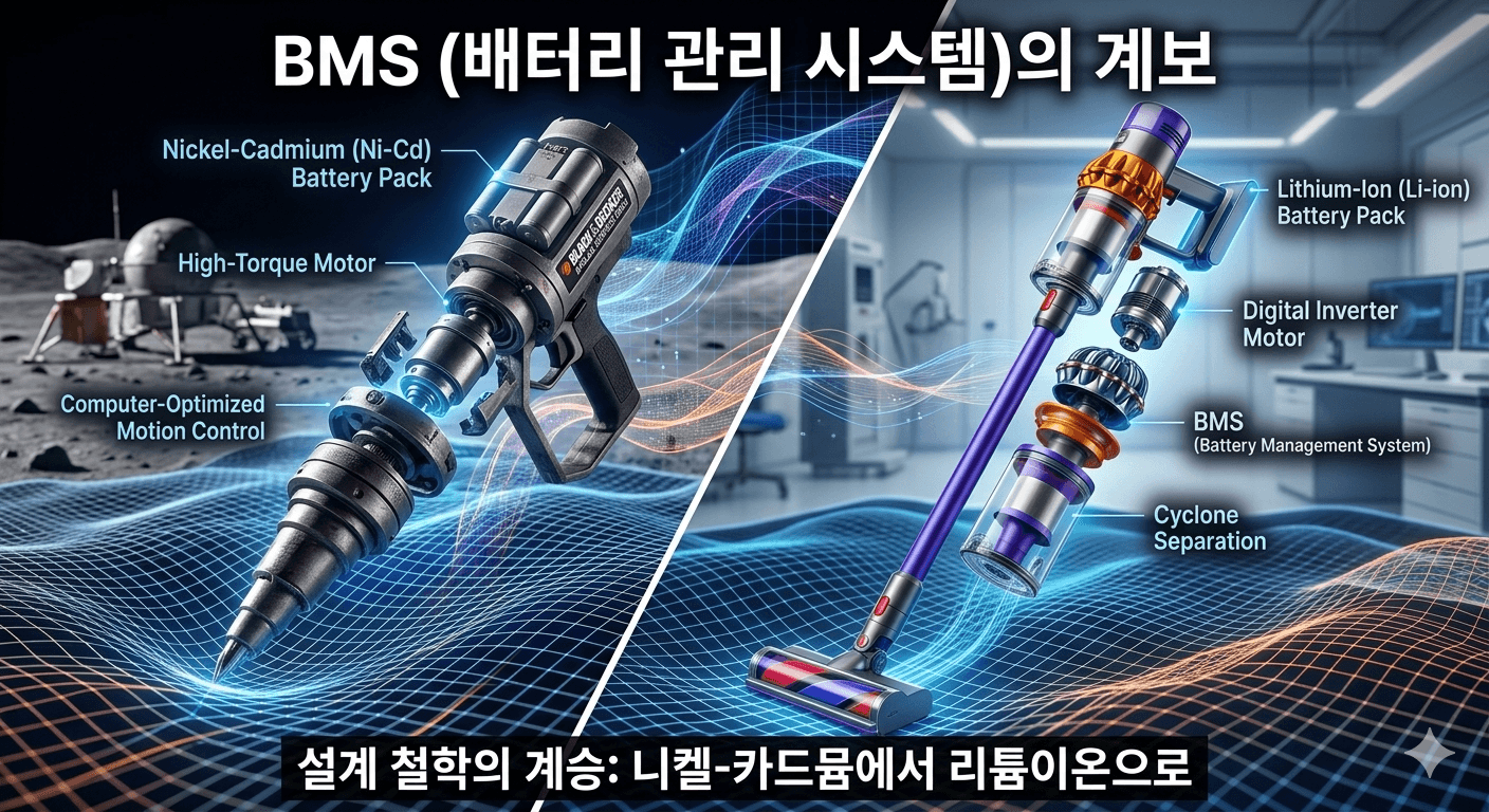 "나사 무선 드릴 및 현대 무선 청소기 내부 모터 구조 대비 이미지"