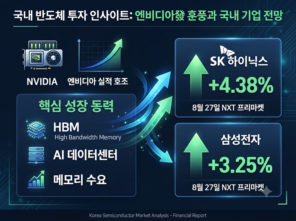 엔비디아 실적 발표 후 삼성전자와 SK하이닉스 주가가 상승하는 모습을 보여주는 국내 반도체주 반응 인포그래픽