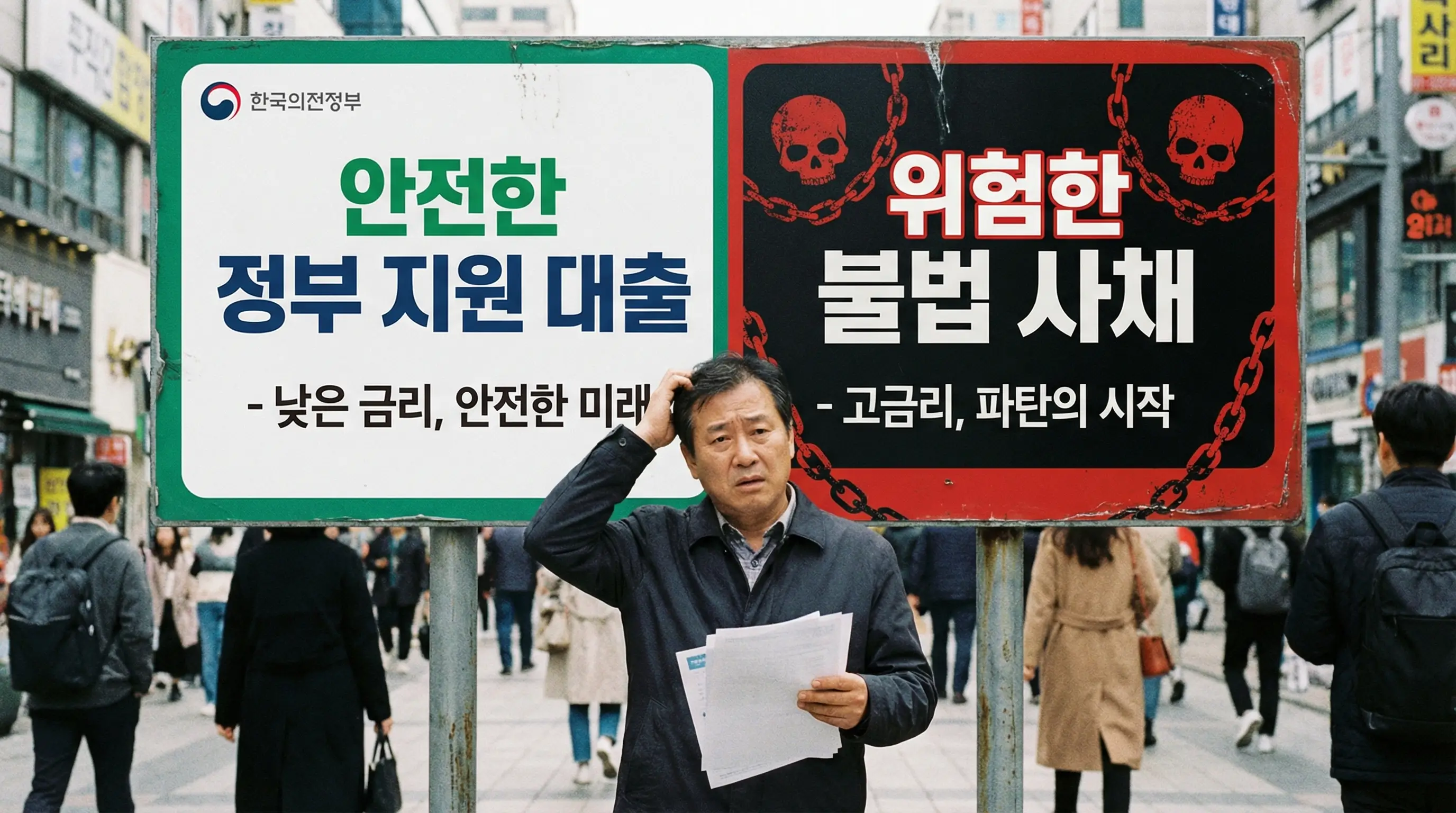 안전한 정부 지원 대출과 위험한 불법 사채를 구분하는 표지판 앞에서 고민하는 사용자의 모습