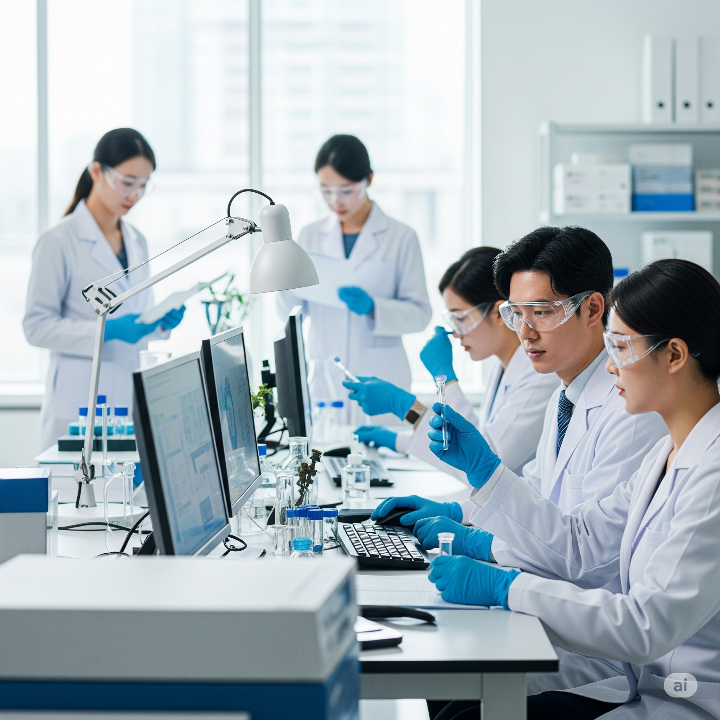 바이오 산업 연구실에서 연구원들이 바이오테크 바이오의약품 디지털헬스케어 관련 연구 중