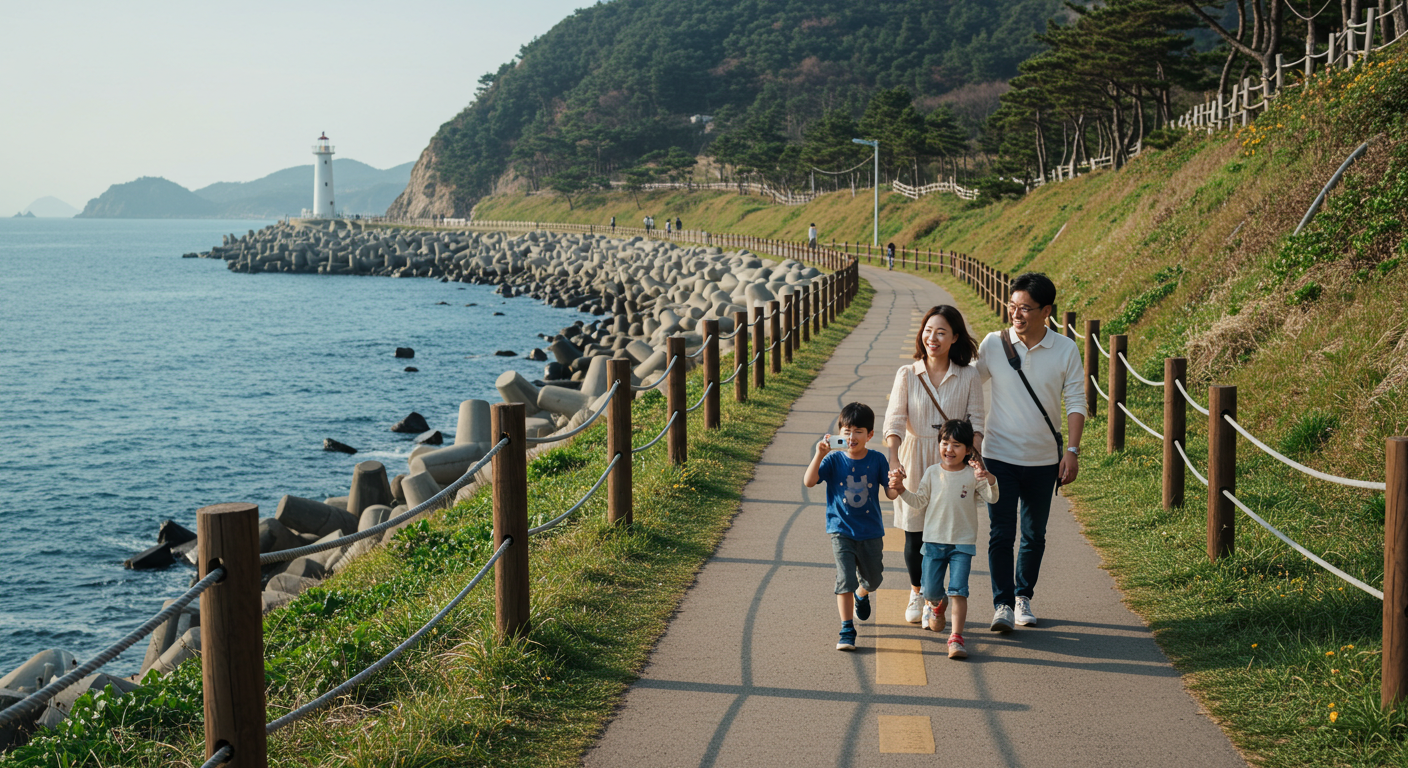강릉 해변 트래킹 코스를 걷는 한국인 가족