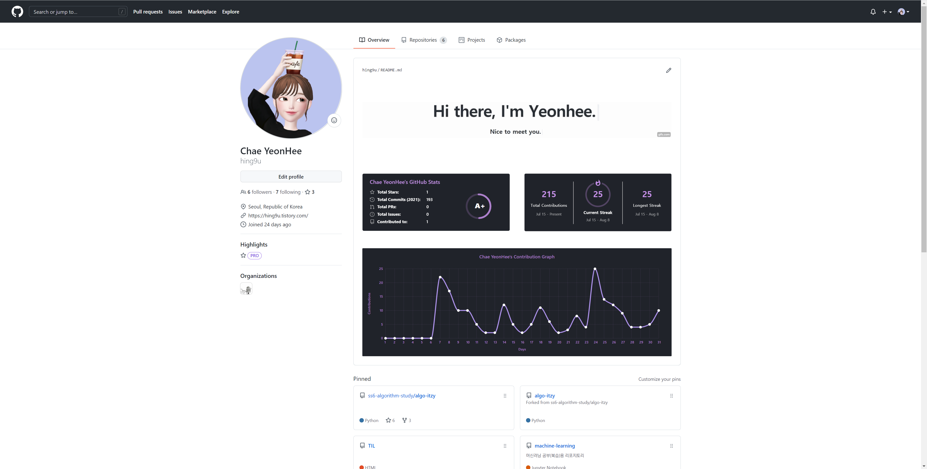 Github 프로필 (README) 을 꾸며보았다.