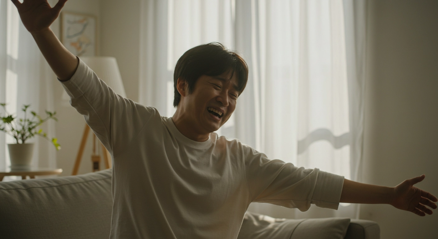 '잠든 속근육 깨우기' 마이크로 재활로 5년 묵은 허리 통증에서 해방되어 두 팔 벌려 환하게 웃는 중년 남성