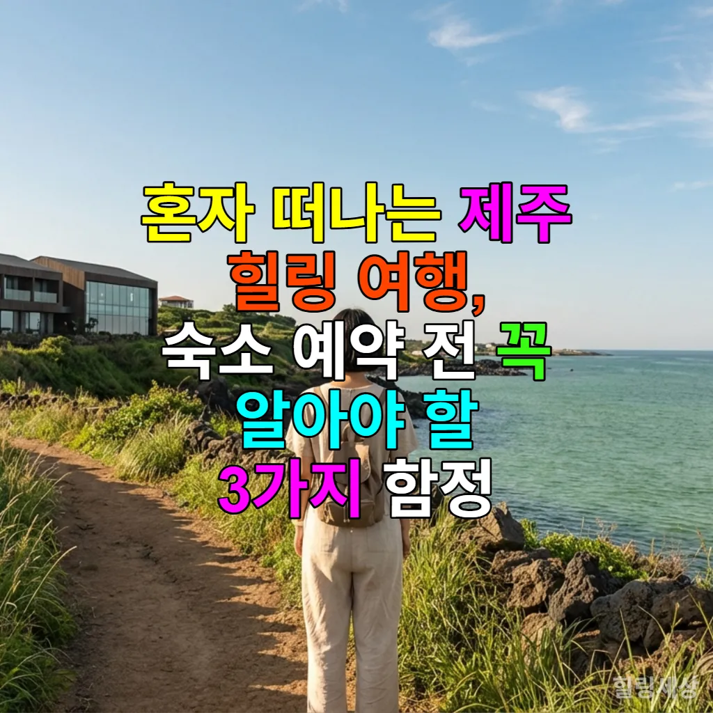 혼자 제주도를 여행하는 여성이 아름다운 해안가 숙소를 바라보는 모습