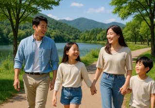 남이섬에서 산책하며 즐거워하는 가족 모습