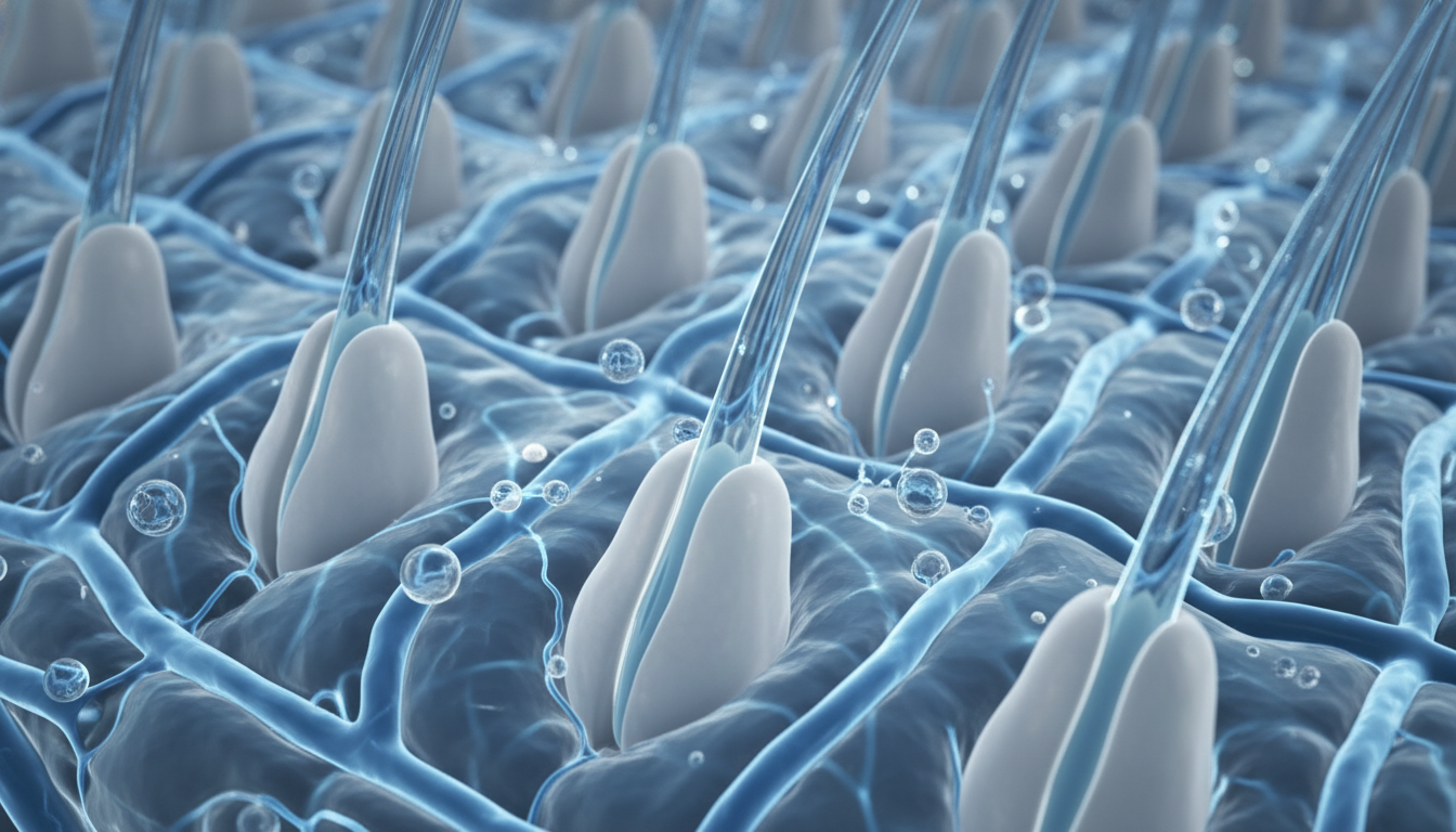 튼튼하고 건강하게 자라나는 모발과 활성화된 모근이 보이는 두피. 태반주사의 탈모 예방 및 모발 강화 효과를 상징합니다.