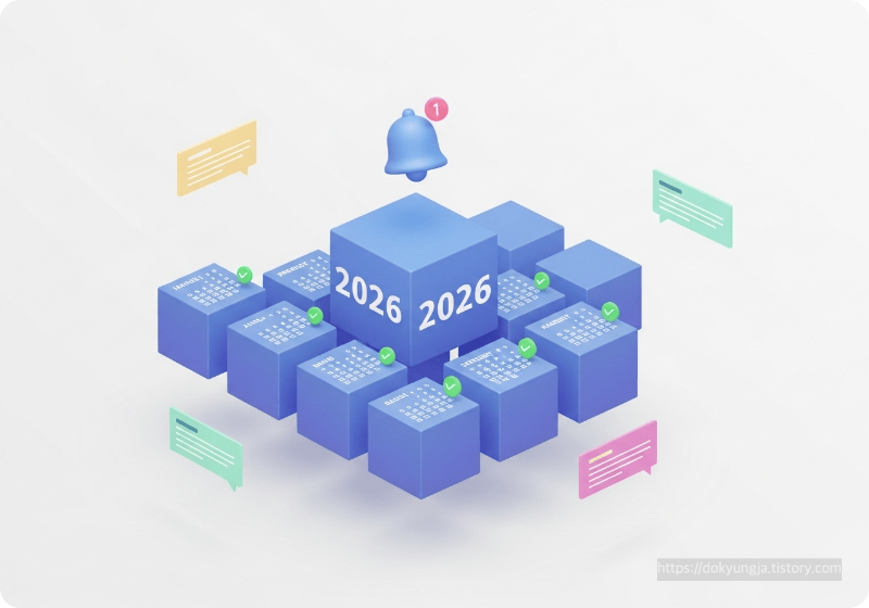2026년 캘린더와 체크마크, 알림 벨이 함께 표현된 3D 일러스트로 2026년 지역화폐 정책 지속을 시각화