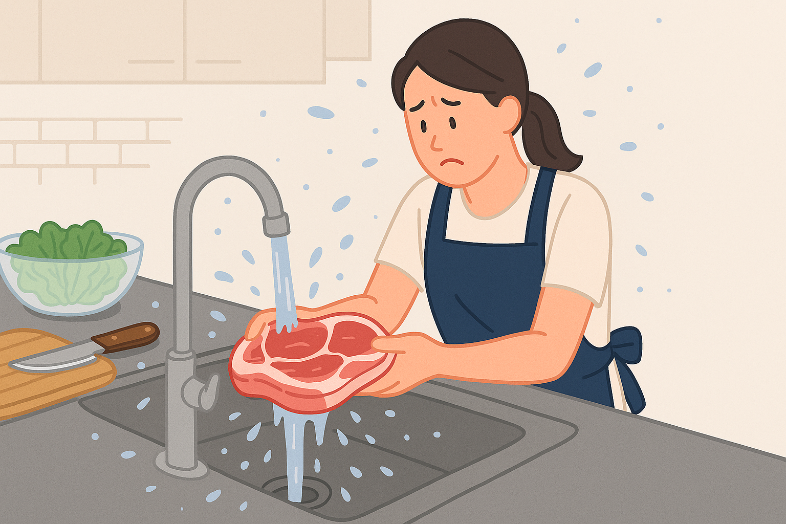 싱크대에서 생고기를 씻으며 주변으로 물이 튀는 교차오염 위험 장면