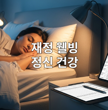 편안한 침실에서 숙면을 취하는 사람과 깔끔하게 정리된 가계부가 보이는 모습. 재정적 평화가 정신 건강에 미치는 긍정적 영향을 상징합니다.