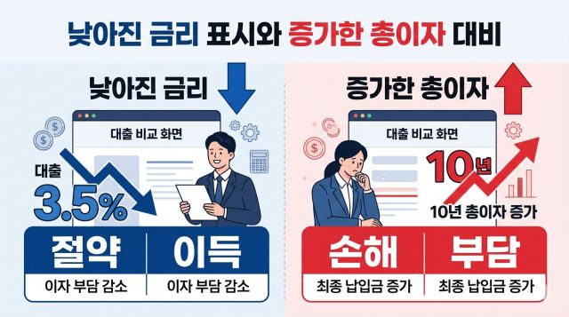 대출 갈아타기 후 이자가 증가한 원인과 총상환액 비교 설명 이미지