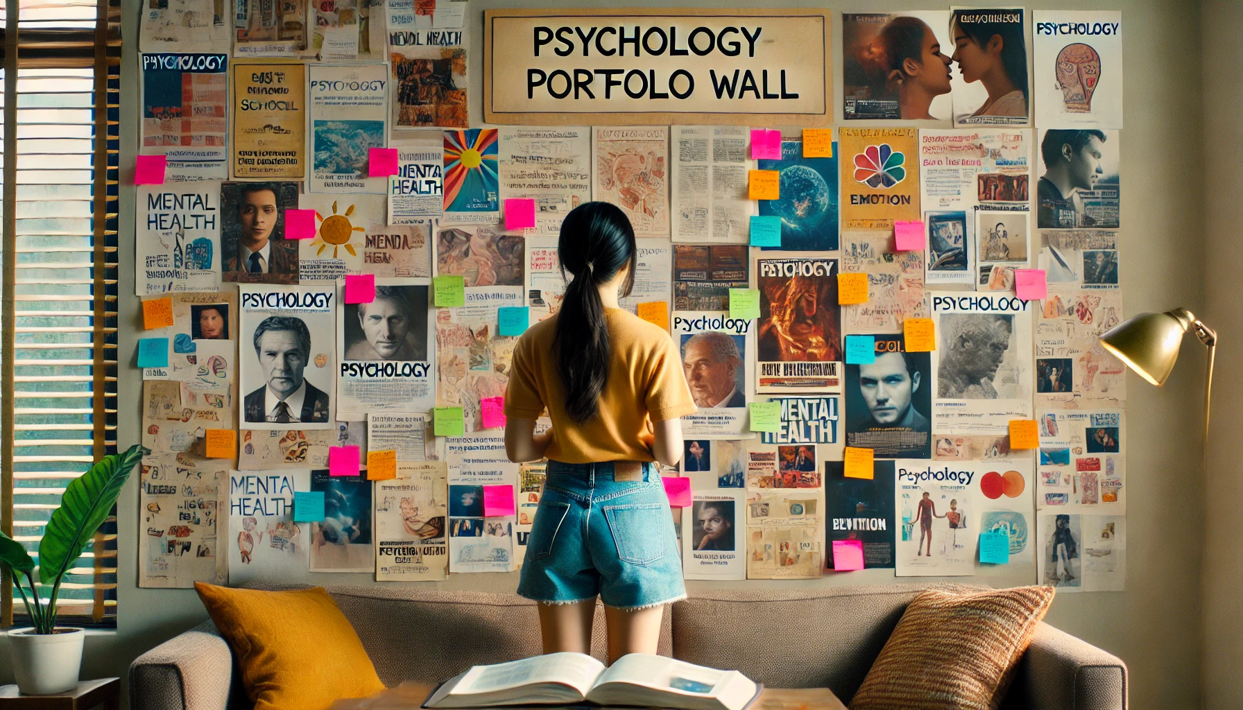 심리학 관련 책&middot;기사&middot;영화 자료로 구성된 학생의 포트폴리오 벽을 창의적이고 학구적인 분위기로 담아낸 장면