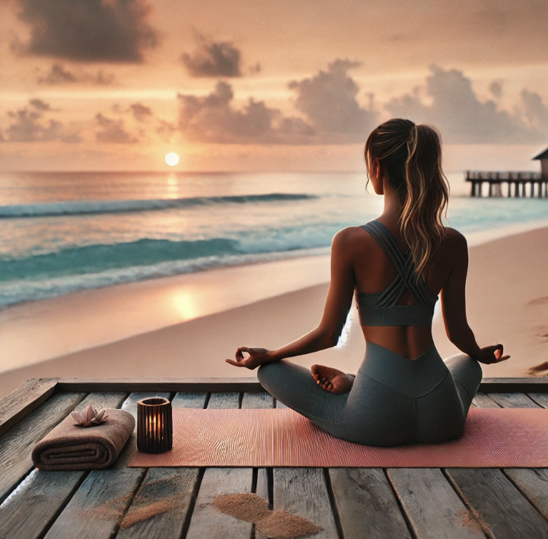 해변 요가 사진. 호텔 요가 사진