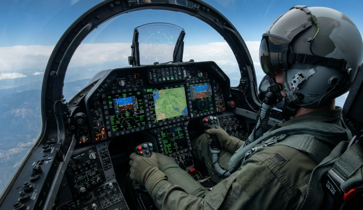 F-35 전투기의 첨단 조종석 내부 모습으로, 복잡한 디스플레이와 조종 인터페이스가 보인다.