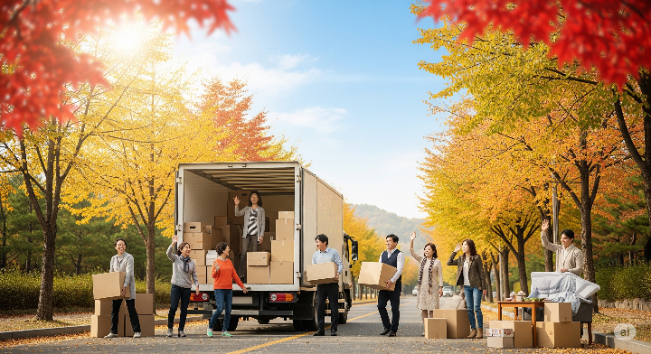 가을 분위기 속 이삿짐 트럭과 활기찬 이사 풍경