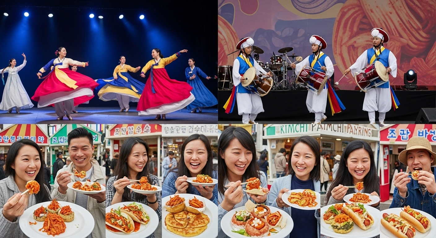 2025 대한민국 김장대축제에서 전통 문화 공연이 펼쳐지는 가운데, 방문객들이 김치 페어링 먹거리를 맛보며 즐거운 시간을 보내고 있는 모습. 전통과 미식이 어우러진 축제의 현장.