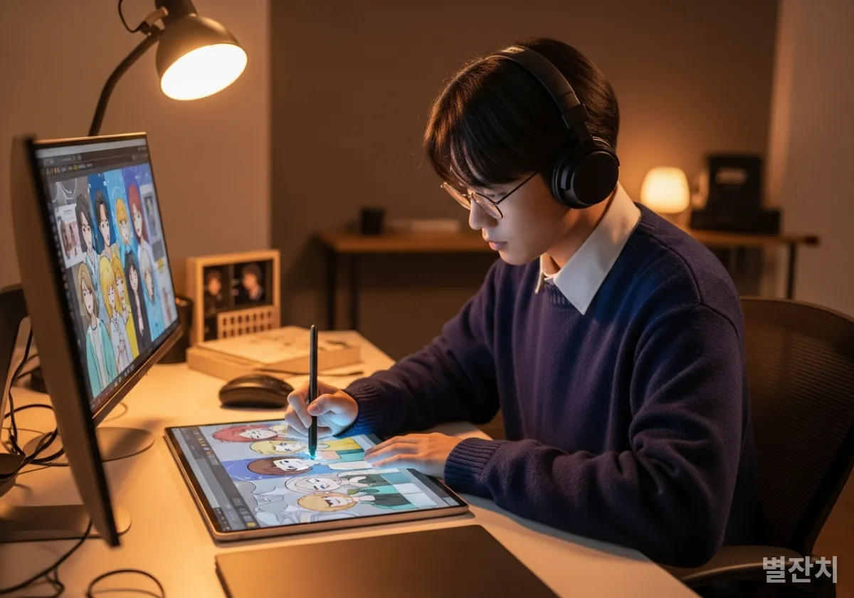 서울의 현대적인 스튜디오에서 홀로그램 태블릿으로 웹툰을 창작하는 한국의 젊은 디지털 아티스트