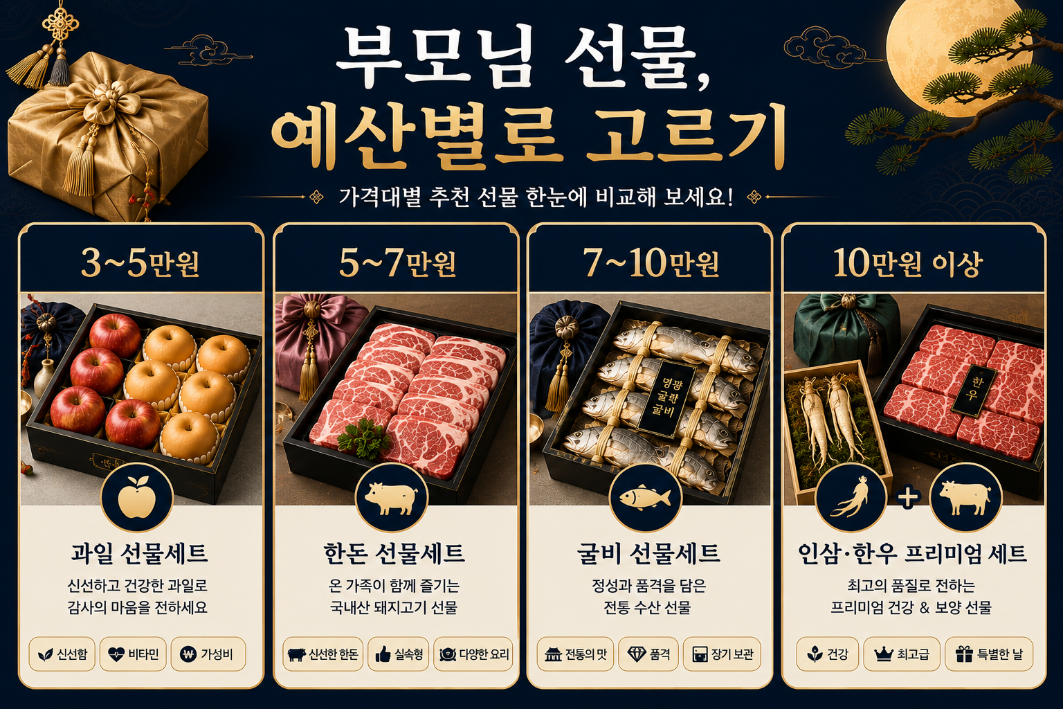 부모님 추석 선물을 3만원대 5만원대 7만원대 10만원 이상으로 비교한 이미지