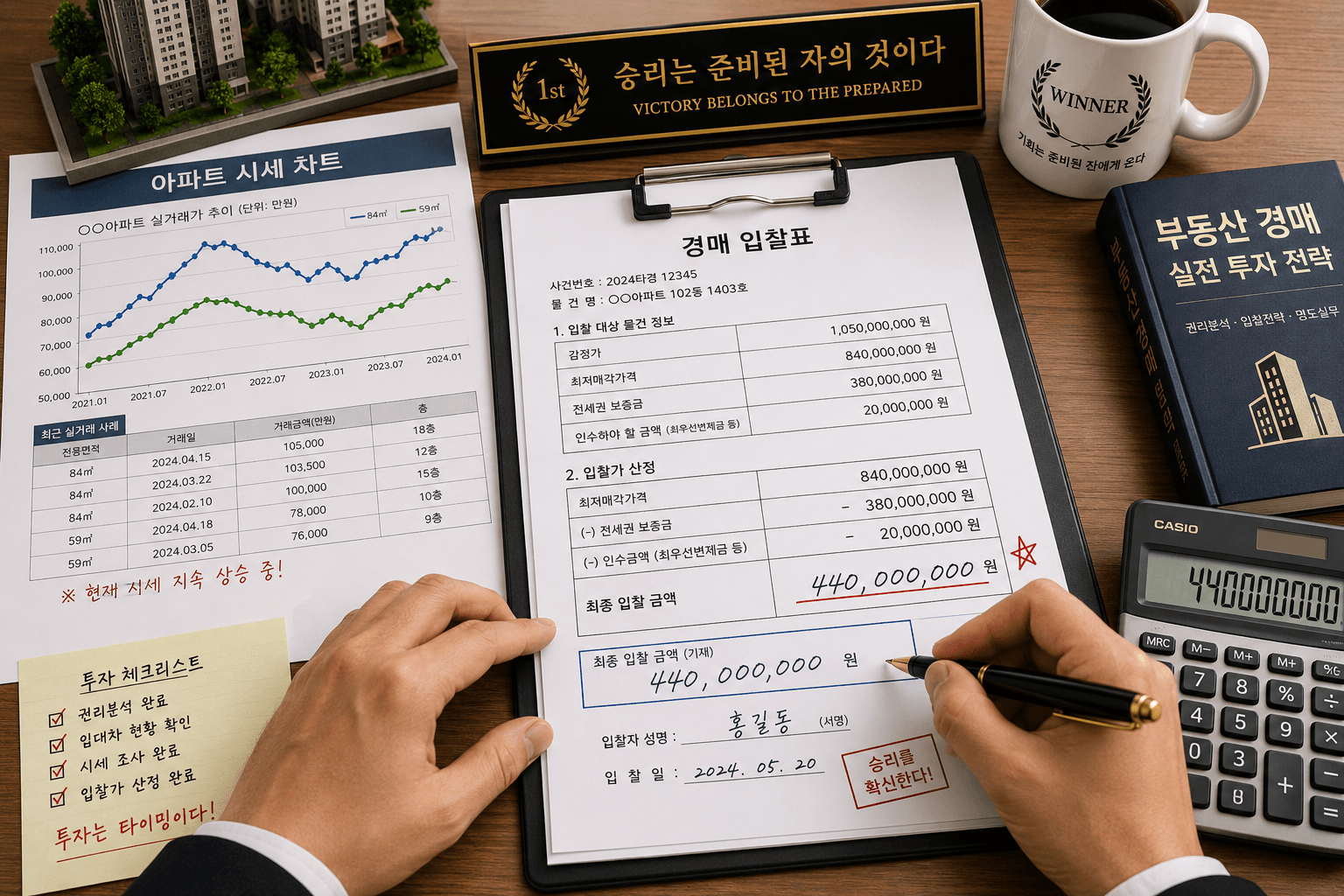 책상 위에 아파트 시세 차트와 경매 입찰 서류를 올려두고 전세권 보증금 액수를 차감한 최종 입찰 금액을 볼펜으로 정밀하게 기재하며 승리를 확신하는 투자자의 데스크 모습