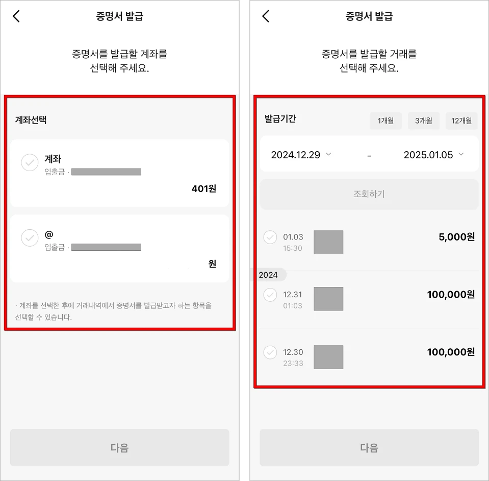 계좌를 선택하고, 발급기간을 설정한 후 이체내역을 선택