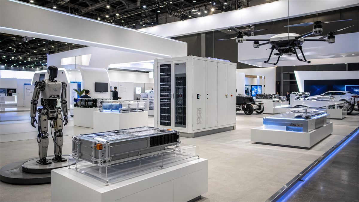로봇과 ESS가 함께 보이는 배터리 산업 전시 공간 전경 