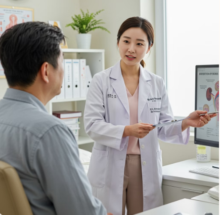 요로결석에 대해 설명하는 여성 의사