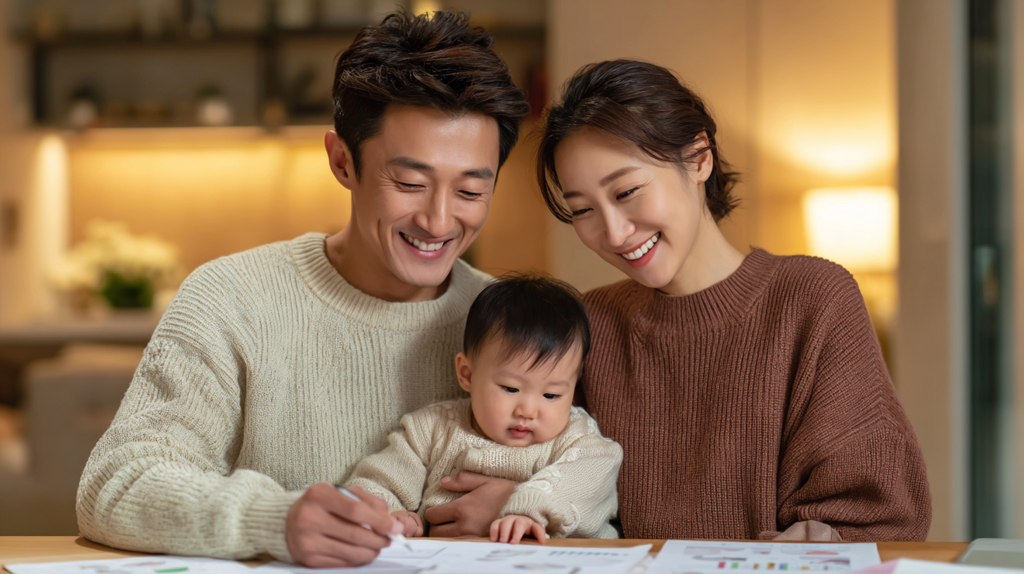 환한 거실에서 아기를 안고 웃고 있는 한국 부모