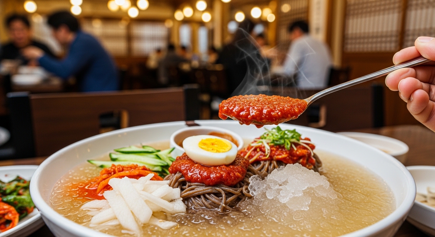 그릇에 담긴 매콤한 비빔 막국수와 젓가락, 신선한 채소 고명이 어우러진 먹음직스러운 모습.