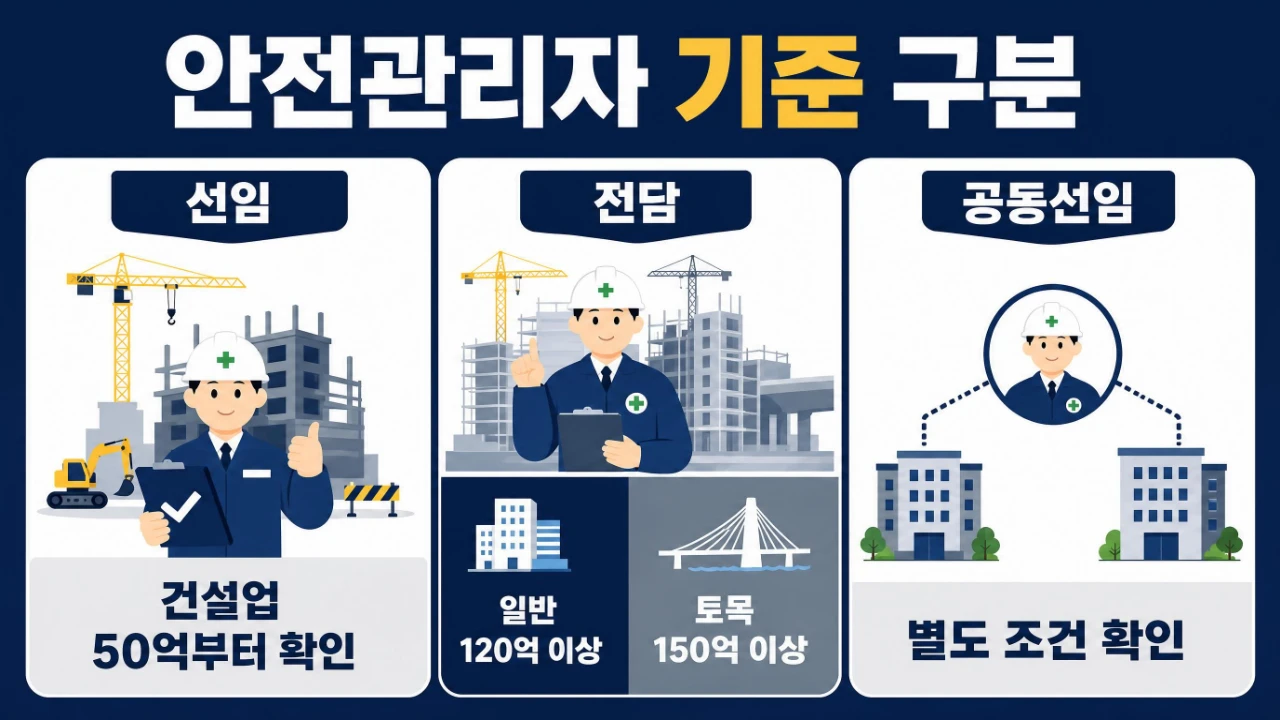 안전관리자 선임 전담 공동선임 기준과 건설업 50억원 120억원 150억원 차이를 비교한 이미지