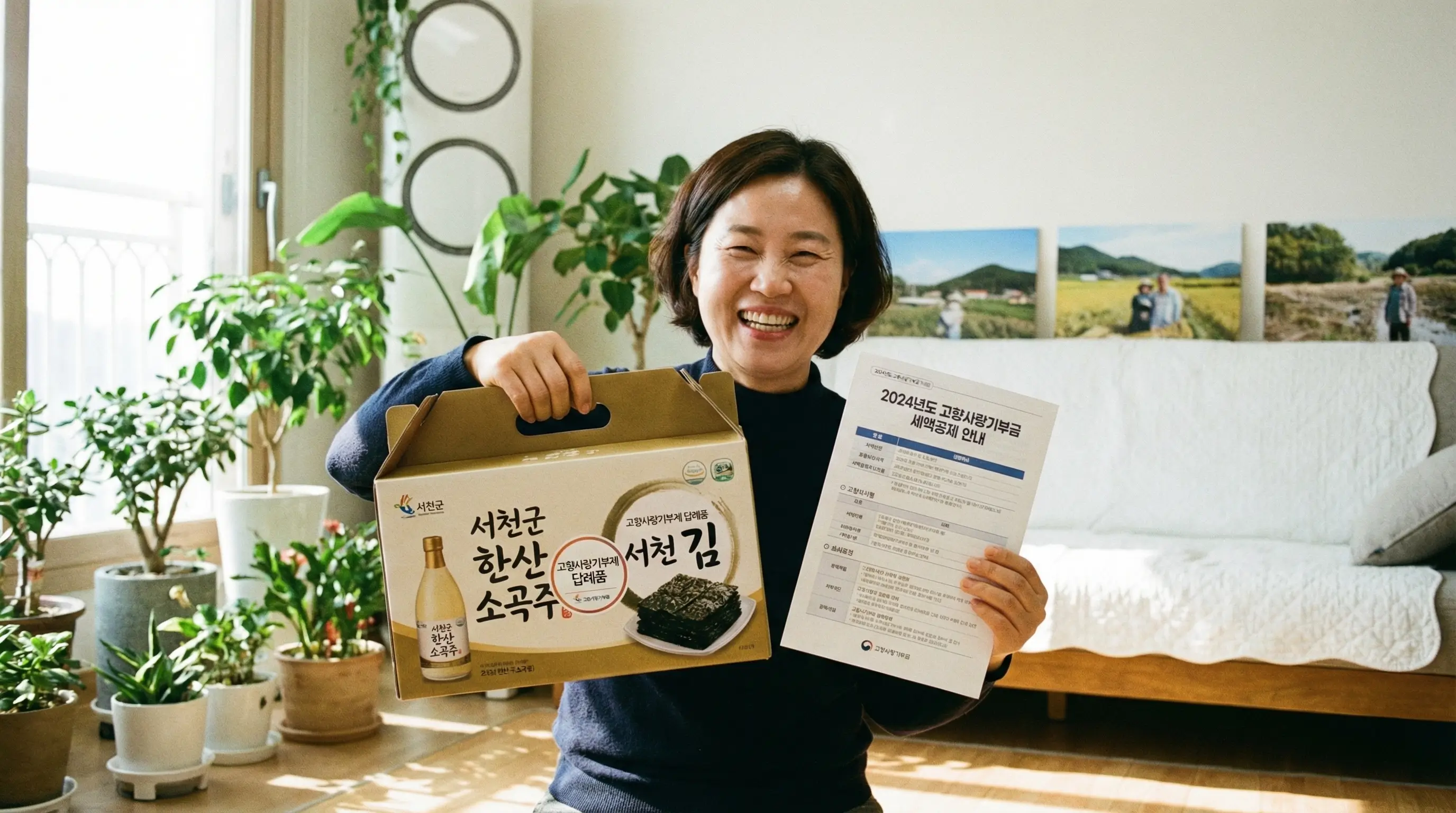 고향사랑기부제 답례품으로 받은 지역 특산품과 세액공제 안내문을 들고 기뻐하는 모습