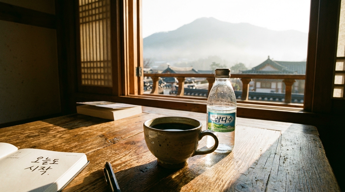 공복 운동 전 대사 활성화를 위해 준비된 블랙커피와 생수 한 병