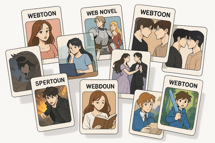 흰 배경 위에서 웹툰과 웹소설의 주요 장면 카드가 겹겹이 떠 있는 이미지
