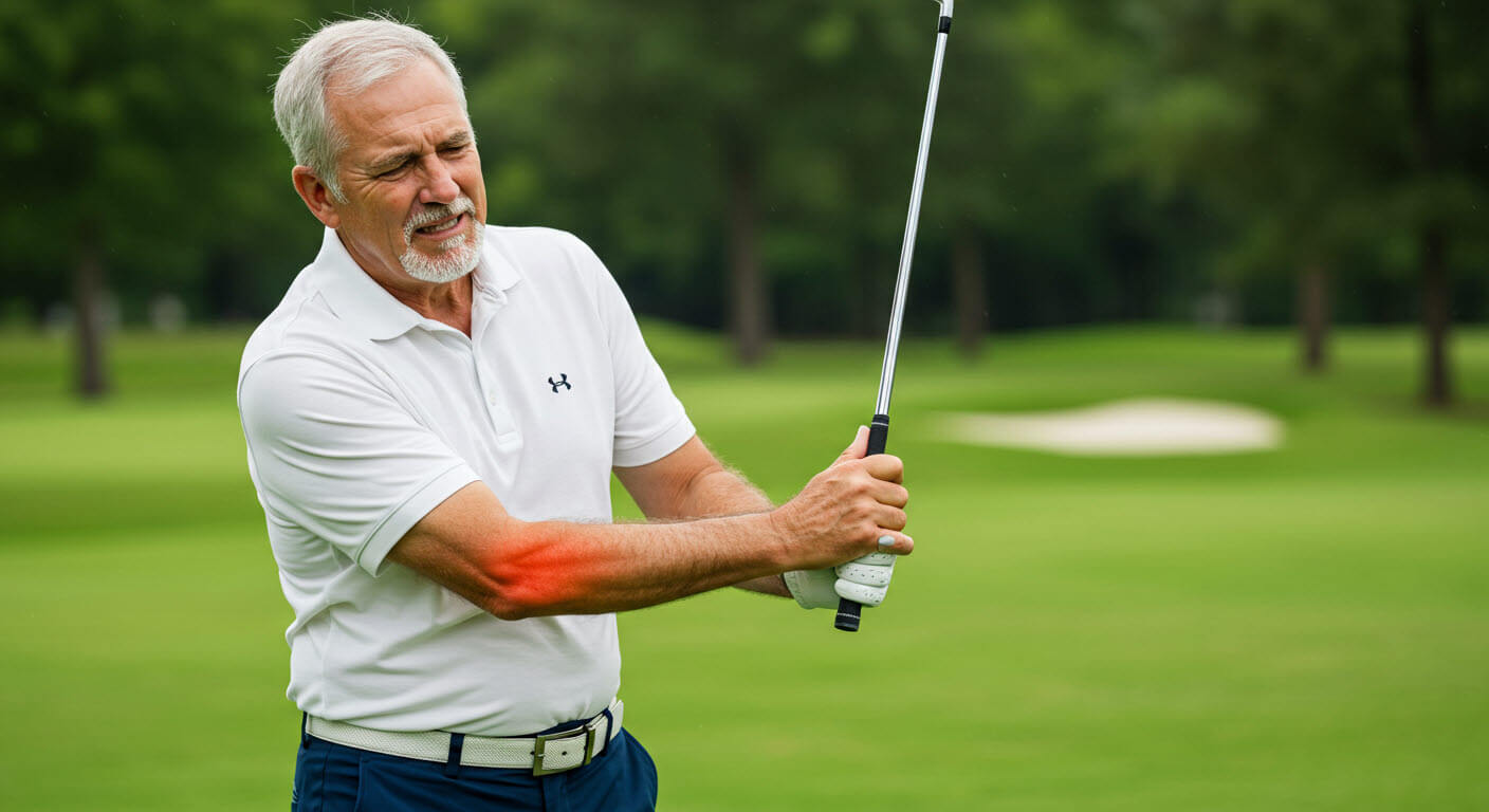 한중년의 남자가 골프필드에서 골프를 치는데 오른쪽이 통증을 빨갛게 표시해주고 있슴