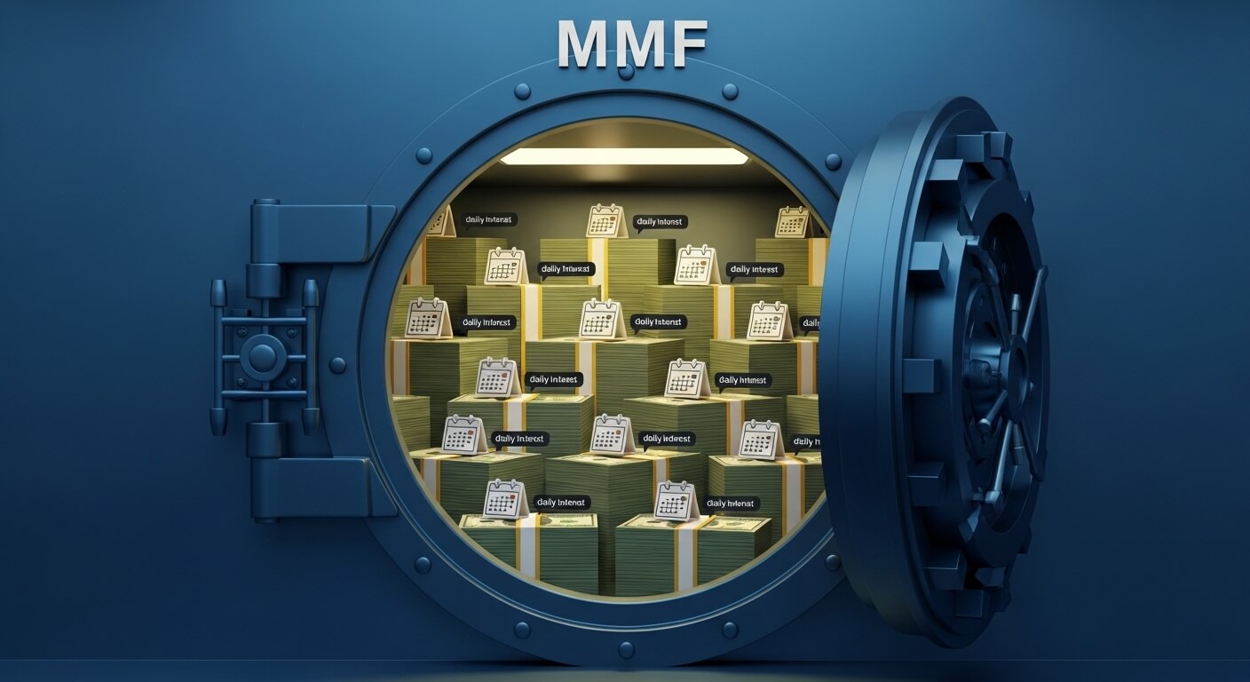 큰금고에 금고문이 열려있고 않에는 daily interestT 가 써줘있고 MMF 라고 명기 되어있다