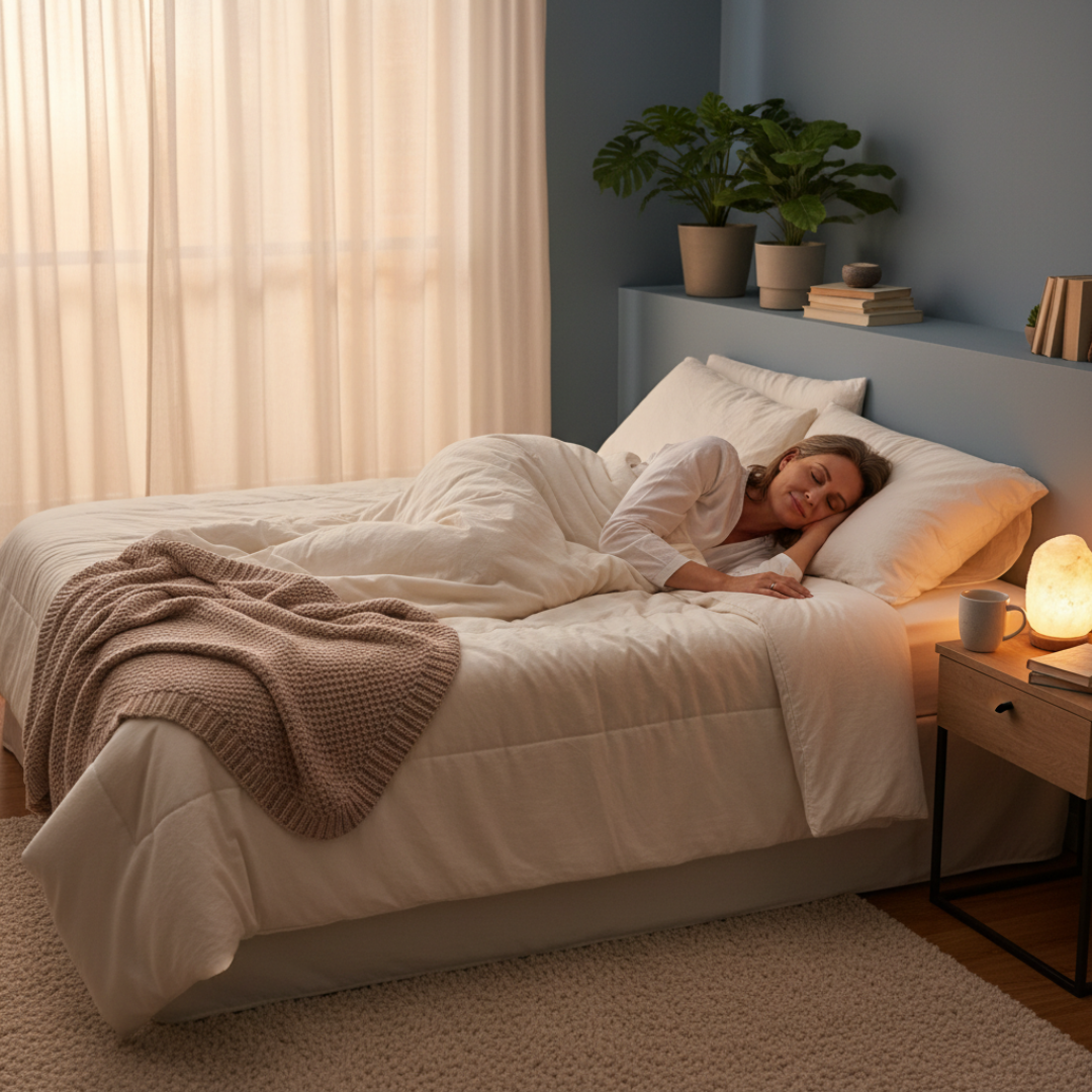 숙면을 취하는 시니어의 평온한 모습 및 뇌 정화 시스템 가이드 이미지