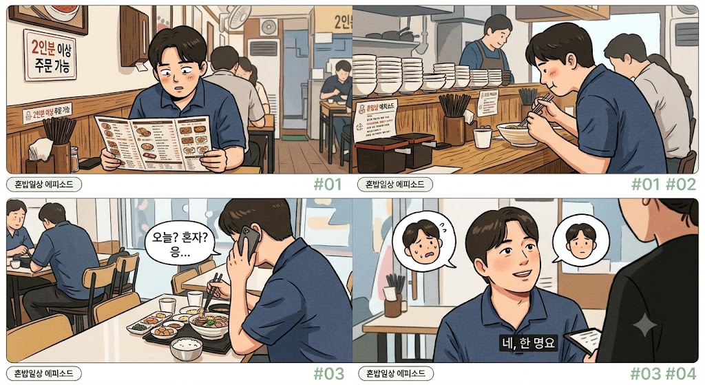 "혼밥 에피소드를 담은 4컷 만화. 첫 번째 컷은 식당 메뉴판에 적힌 '2인분 이상 주문 가능' 문구를 보고 고민하는 모습, 두 번째 컷은 바 테이블에서 혼자 식사하는 모습, 세 번째 컷은 식당에서 혼자 통화하며 식사하는 모습, 네 번째 컷은 직원에게 '네, 한 명요'라고 대답하는 모습을 담고 있다."
