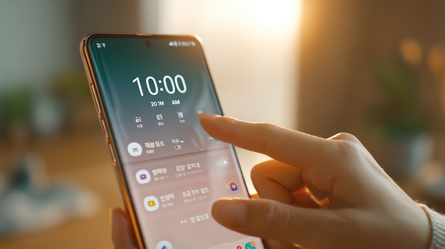 8월 25일 오전 10시 알람을 설정한 스마트폰 화면을 누르고 있는 한국인 손.