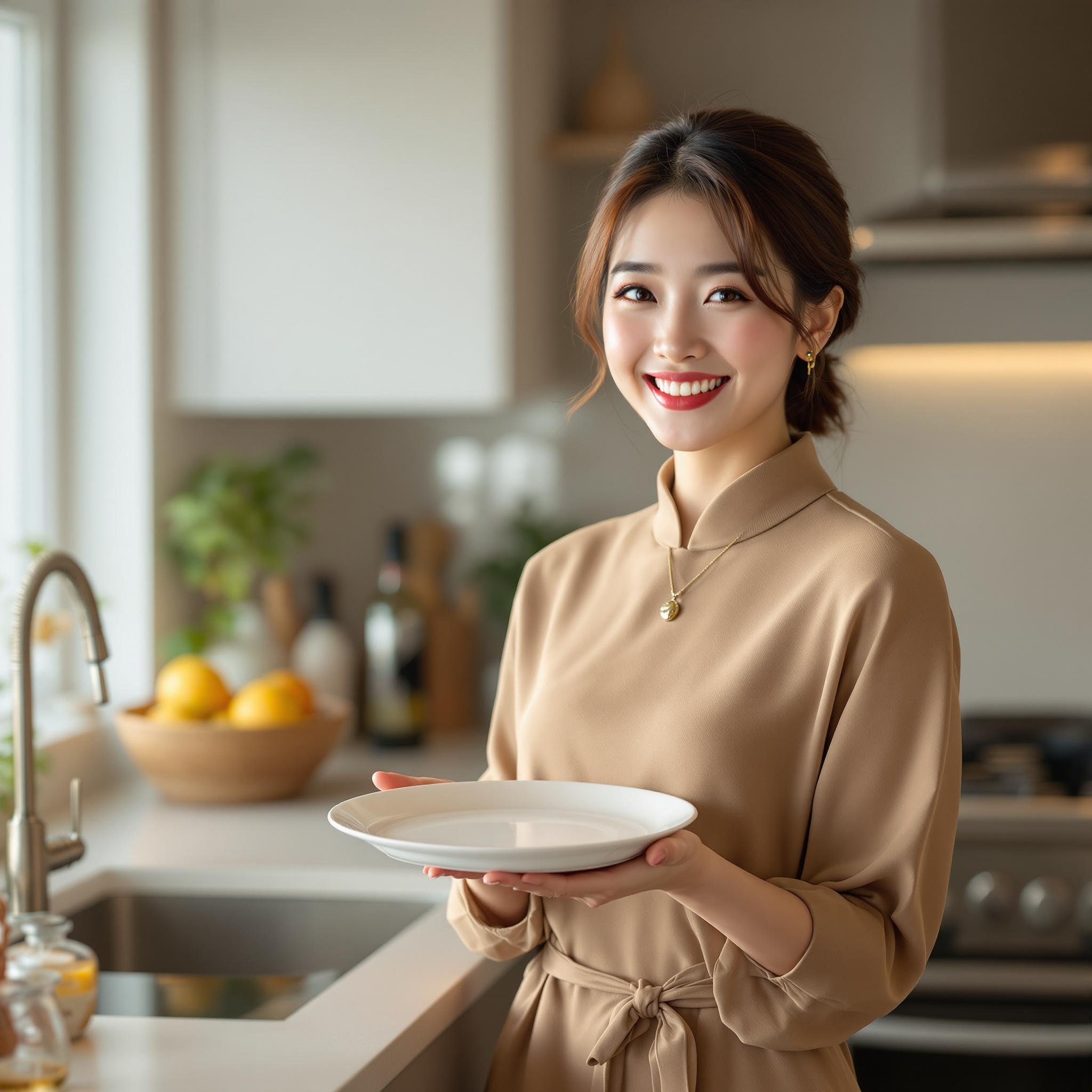 식기세척기로 깨끗하게 설겆이 된 접시를 들고 웃는 주부