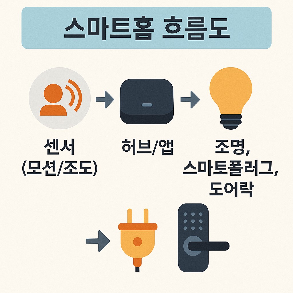 스마트홈 흐름도: 센서 신호 &rarr; 허브&middot;앱 &rarr; 조명&middot;플러그&middot;도어락 제어