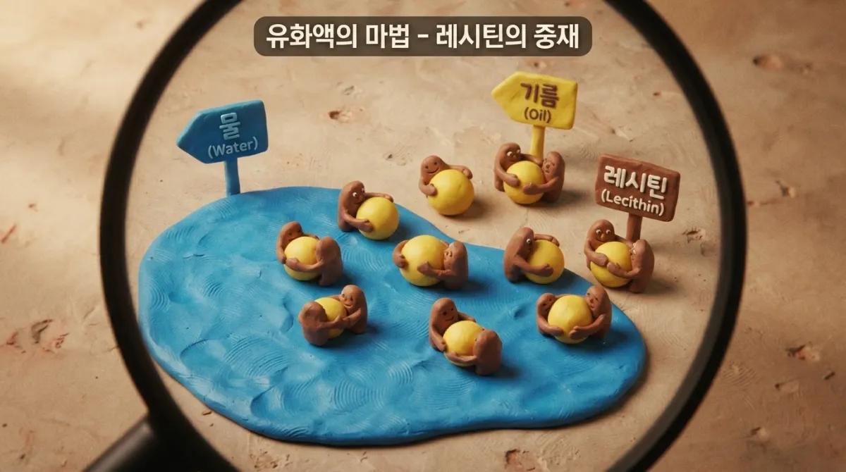 마요네즈의 유화 구조 원리 - 계란 노른자의 레시틴 분자가 물과 기름을 둘러싸서 섞이게 만드는 현미경 과학 일러스트레이션