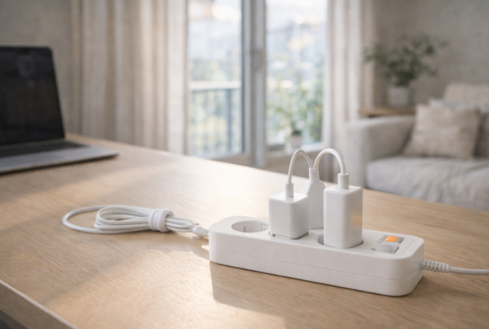 정리된 멀티탭과 전선이 놓인 자취방 책상 모습