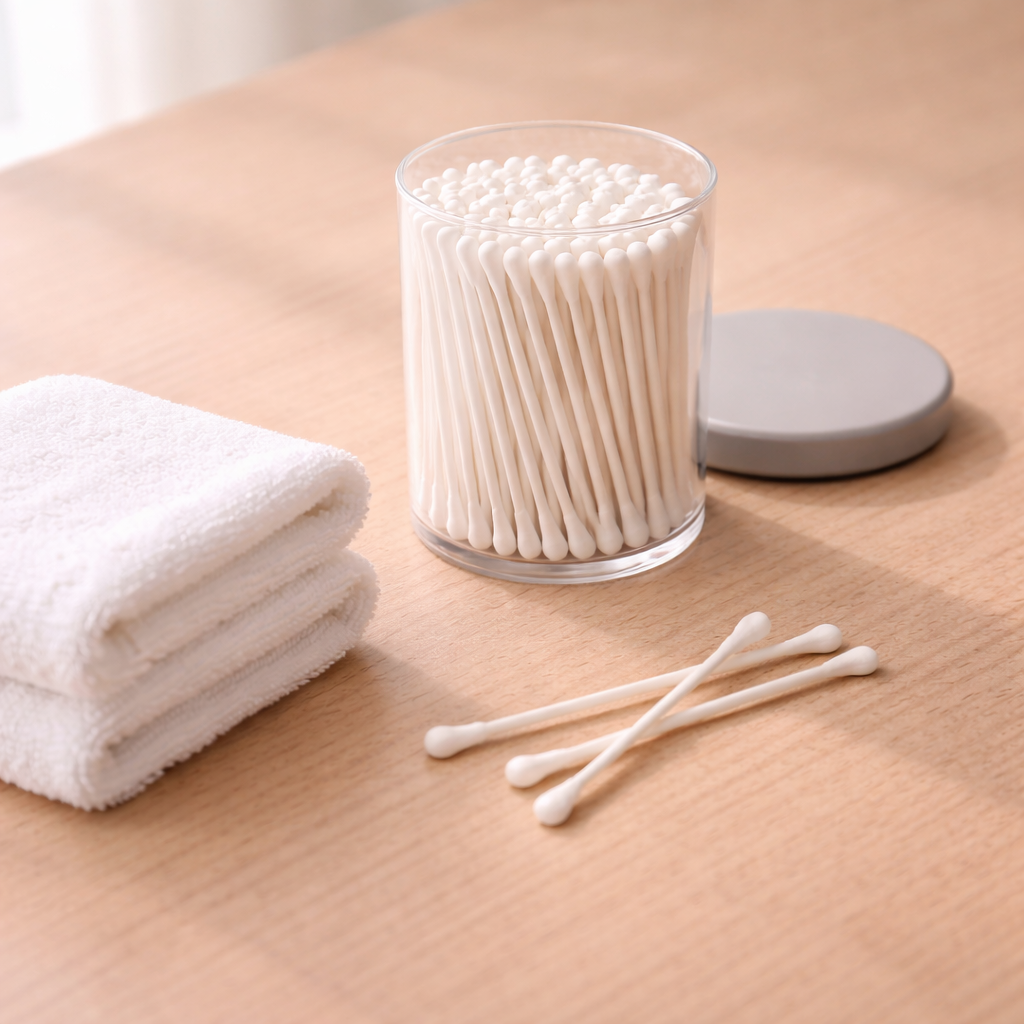 외이도염 예방을 위해 면봉으로 귀 안을 파지 않는 것이 중요함을 상징한 이미지