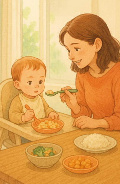 아기가 식탁에 앉아 엄마와 함께 식사하는 모습