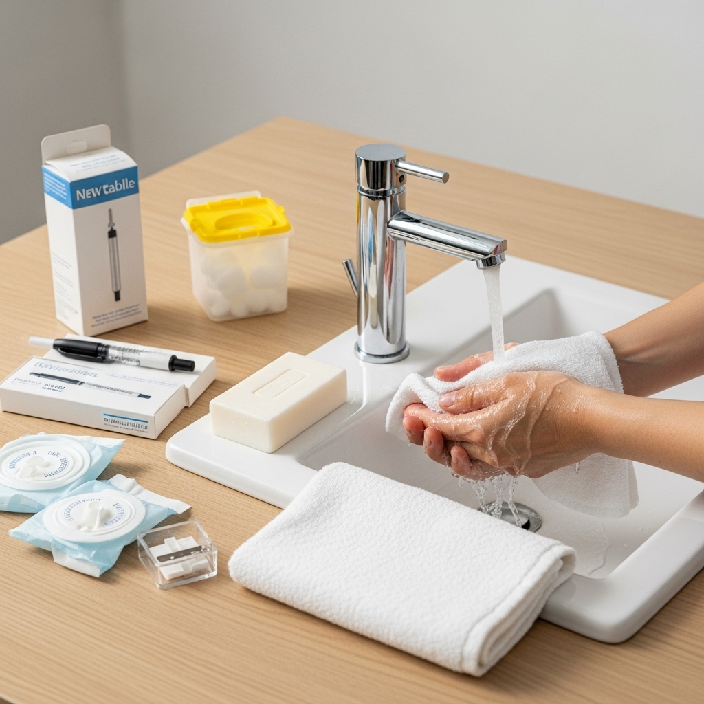 집에서-주사기-펜을-정성스럽게-준비하고,-사용-전에-손을-씻고-있습니다.