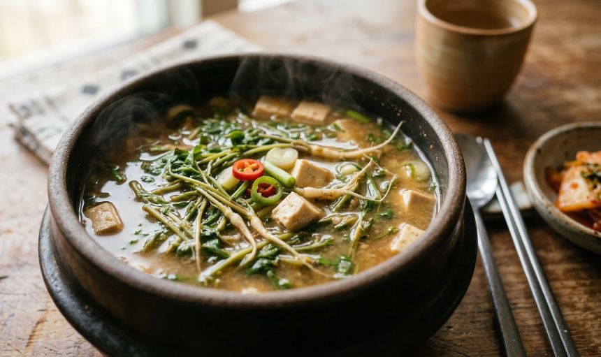 혈당 반응을 완만하게 돕는 고단백질 채소 냉이와 두부를 듬뿍 넣은 냉이된장국