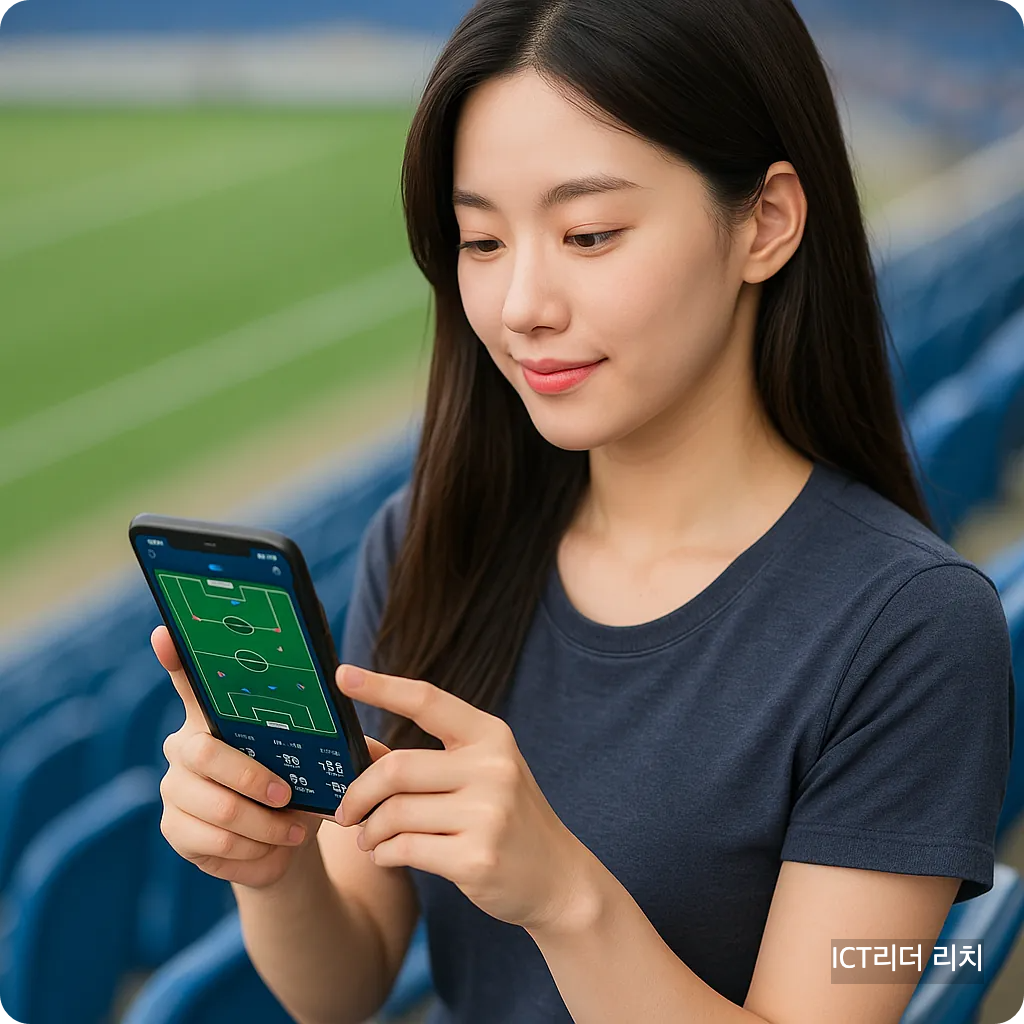 축구장 관중석에서 스마트폰으로 경기 데이터를 확인하는 20대 여성