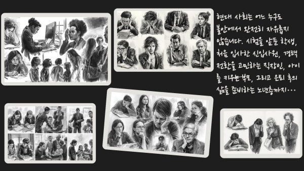 현대 사회는 어느 누구도 불안에서 완전히 자유롭지 않습니다. 시험을 앞둔 학생, 처음 입사한 신입사원, 경력 전환을 고민하는 직장인, 아이를 키우는 부모, 그리고 은퇴 후의 삶을 준비하는 노년층까지…관한 그림